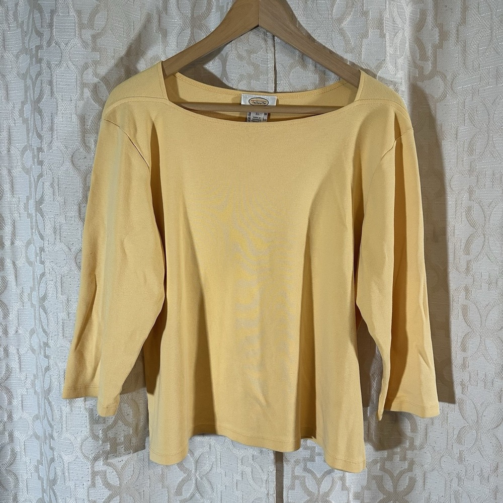 Talbots Women's Yellow Solid Boat Neck 3/4 Sleeve Knit Cotton Tee XL